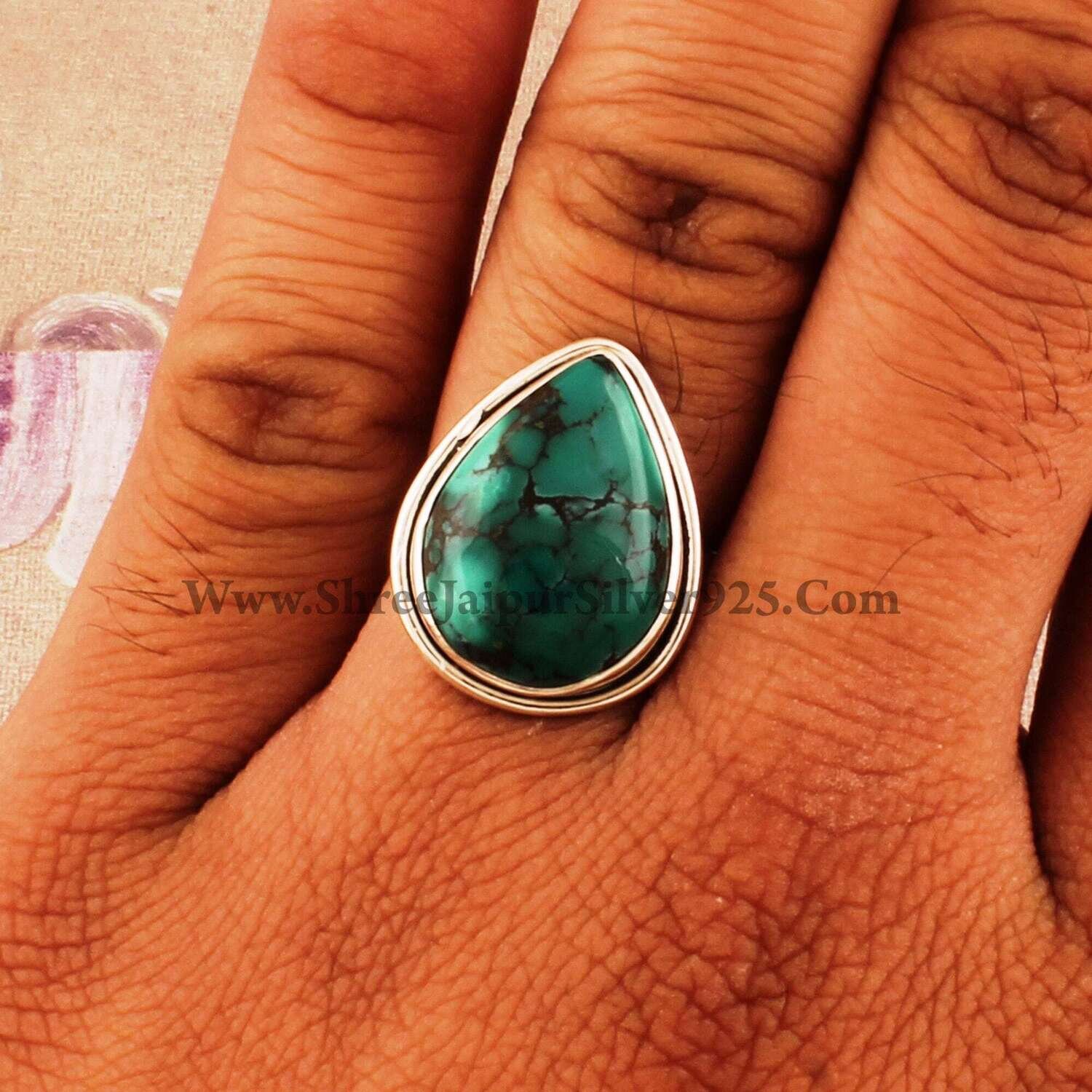 Tibetan Turquoise Solid 925 Sterling Silver Pear Gemstone Ring For Women, Boho Handmade Stone Silver Ring For Wedding Anniversary Gift idea