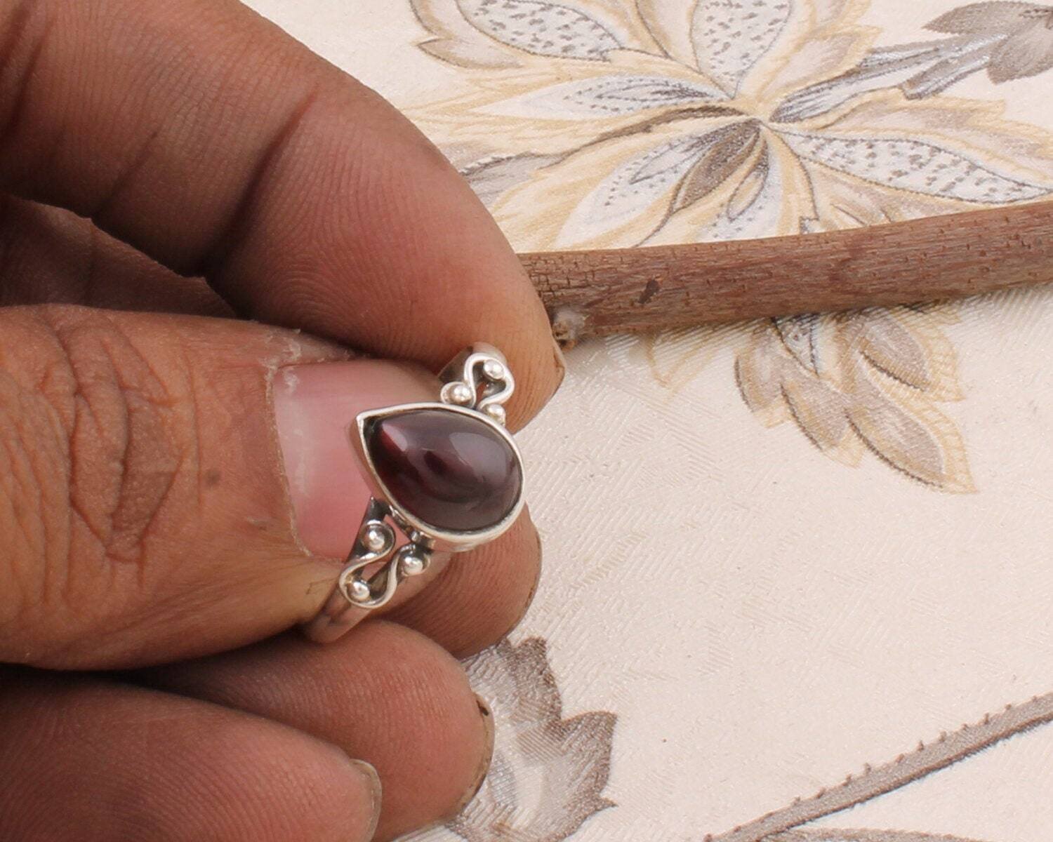 Gift For You ! 925-Sterling Solid Silver Ring With Natural Red Garnet Gemstone Ring Cabochon Stone Boho Ring Middle Finger Ring L#-283375
