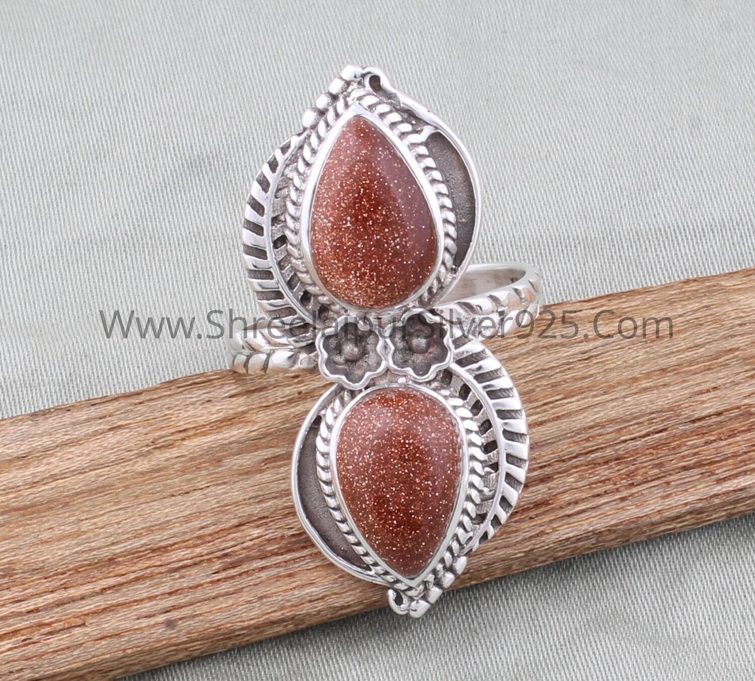Carved Band Silver Ring 925 Sterling Silver Sunstone Two Pear Gemstone Ring, Designer Leaves Gemstone Silver Ring Silver Women Jewelry Gift