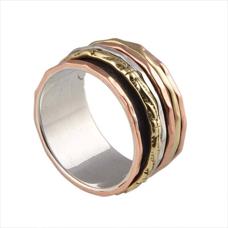 Solid 925 Sterling Silver &amp; Brass Spinner Ring For Women, Handmade Three Tone Meditation Spinner Ring For Wedding, Worry Anxiety Ring Gift