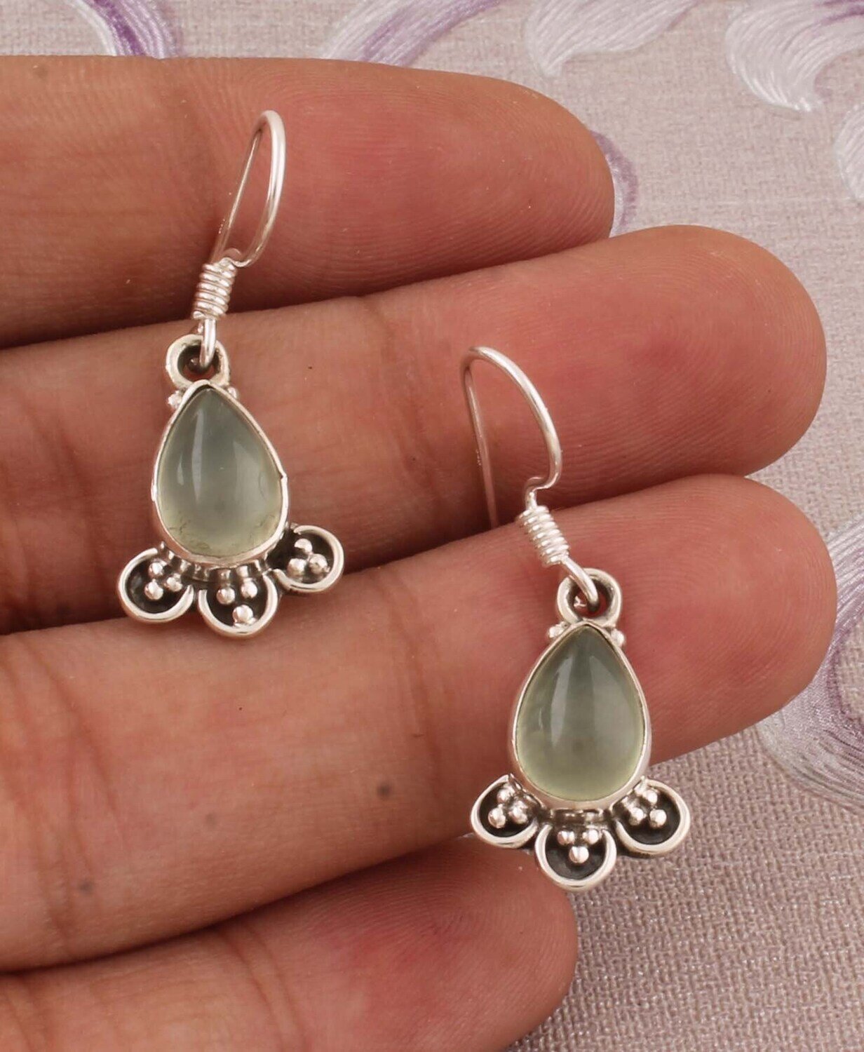 Natural Prehnite Top Quality Gemstone Earrings, 925 Sterling Silver Earrings, Wedding Earrings, Antique Silver Earrings, Anniversary Gift