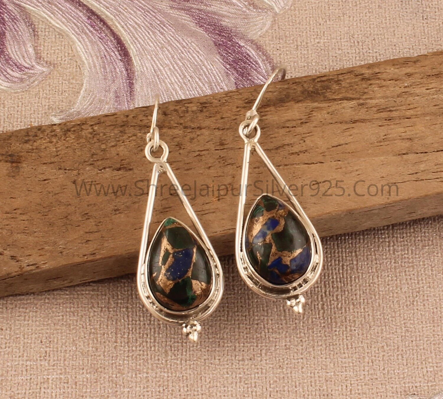 Mix Copper Pear Gemstone Solid 925 Sterling Silver Gemstone Earrings For Women, Handmade Boho Silver Earrings For Wedding Anniversary Gift