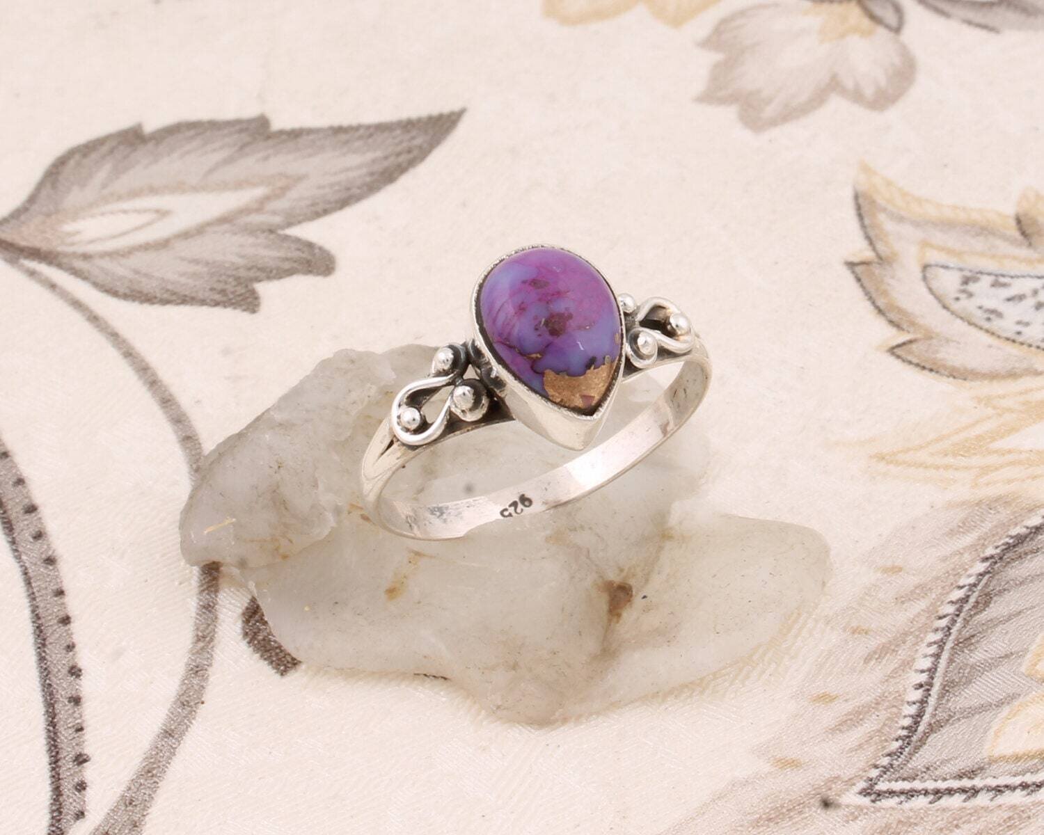 Boho Ring 925-Sterling Silver Ring With  Composite Turquoise Gemstone Cabochon Stone Handcrafted Ring Middle Finger RingCyber2021Birthstone