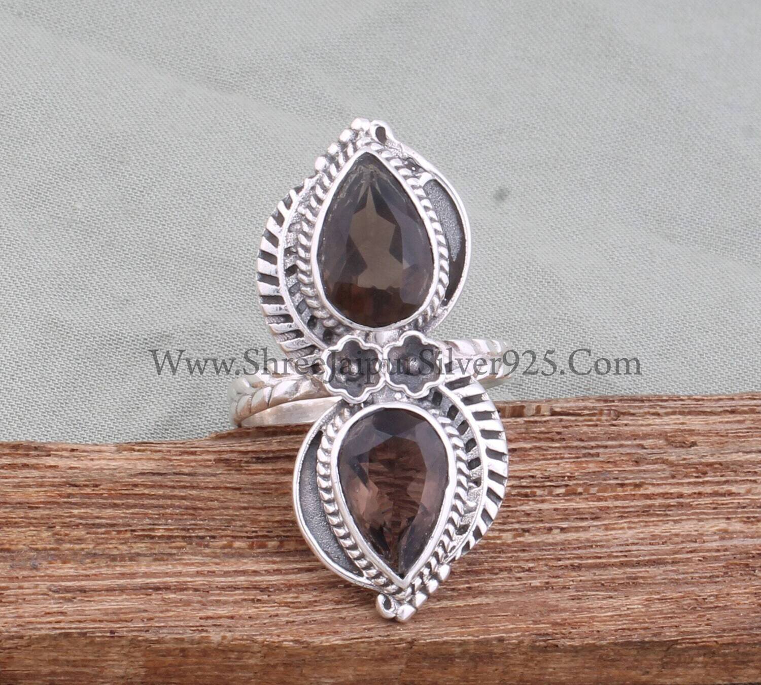 Natural Smoky Quartz Pear Solid 925 Sterling Silver Ring For Women, Handmade Engraved Feather Leaves Band Ring Gifts For Wedding Anniversary