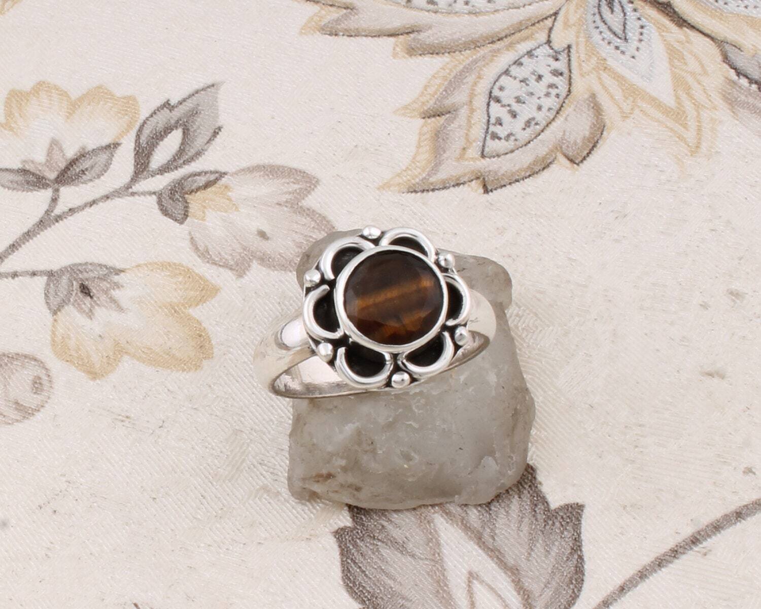 Gift For You ! 925-Sterling Silver Solid Ring With Natural Tiger-Eye Gemstone Ring Cut Top Rare Stone Boho Ring-Ring Finger Ring L# 282328