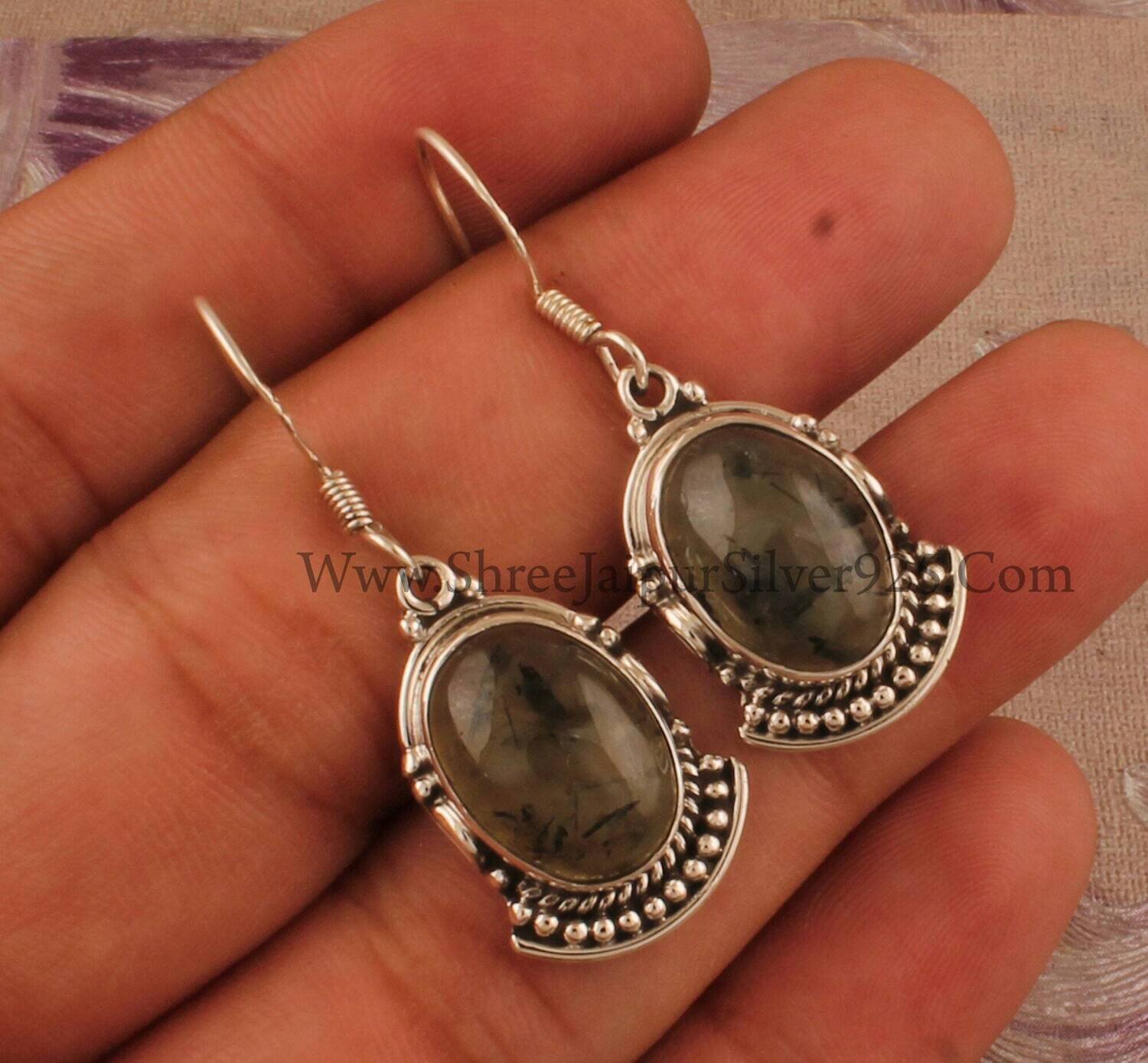 Natural Prehnite Top Quality Gemstone Earring,Boho Earring 925-Sterling Silver Earring,Oval Earring,Antique Silver Earring Gift For Him