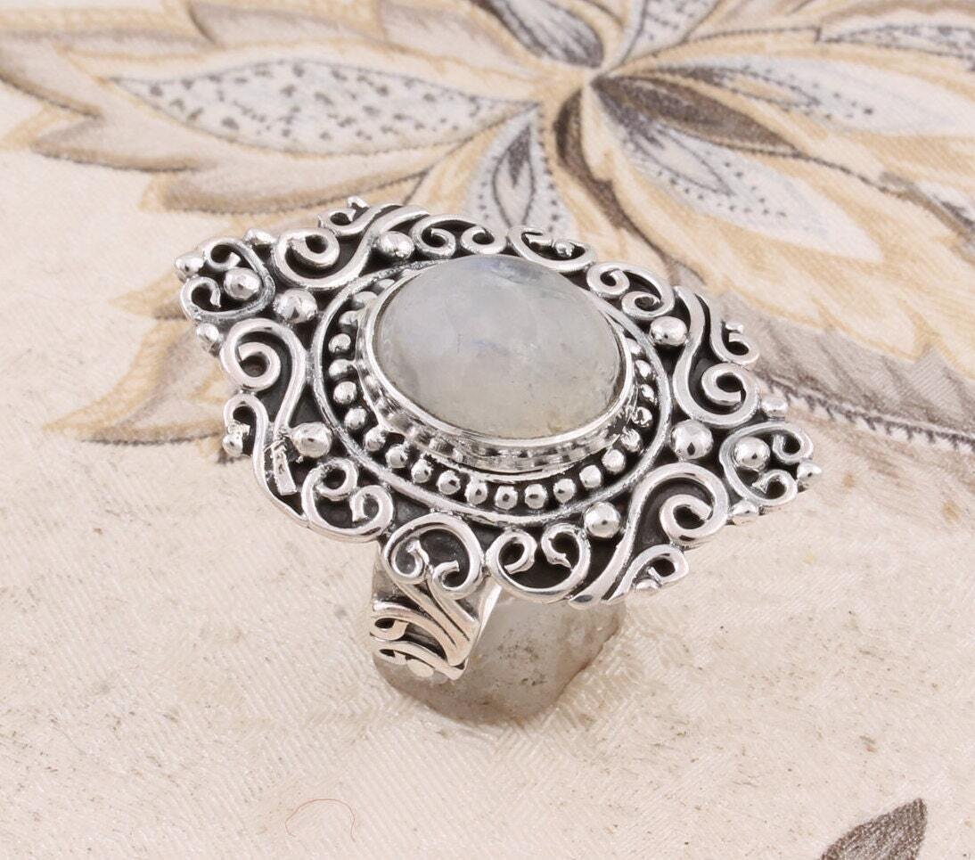 925 Sterling Silver Rings For Women, Natural Rainbow Moonstone Ring, Oval Handmade Cabochon Gemstone Jewelry, Engagement, Boho, Gift For Her