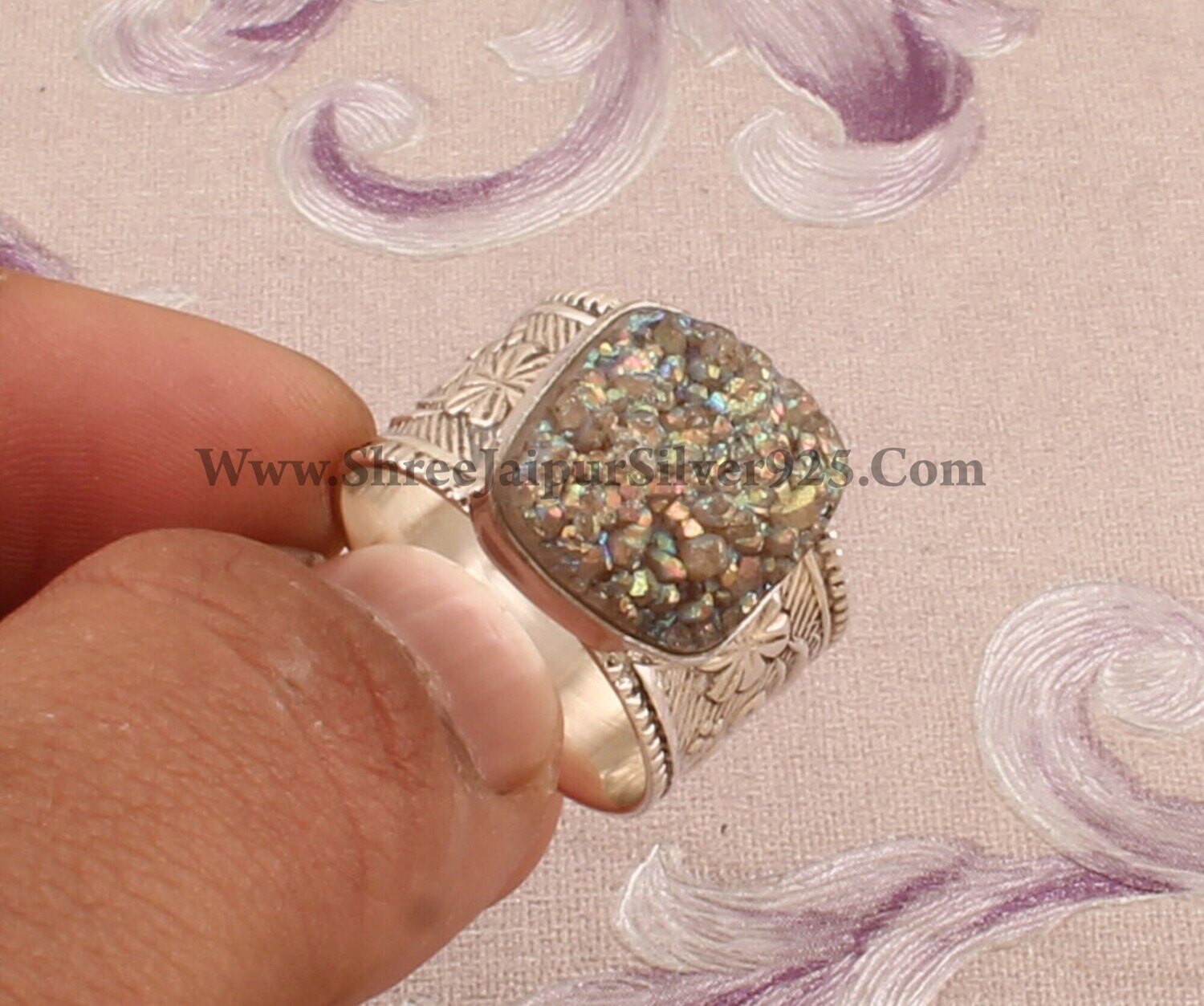 925 Sterling Silver Titanium Druzy Cushion Shape Rings, Designer Handmade Silver Carved Band Rings, Women Jewelry, Valentine's Day Gift Idea