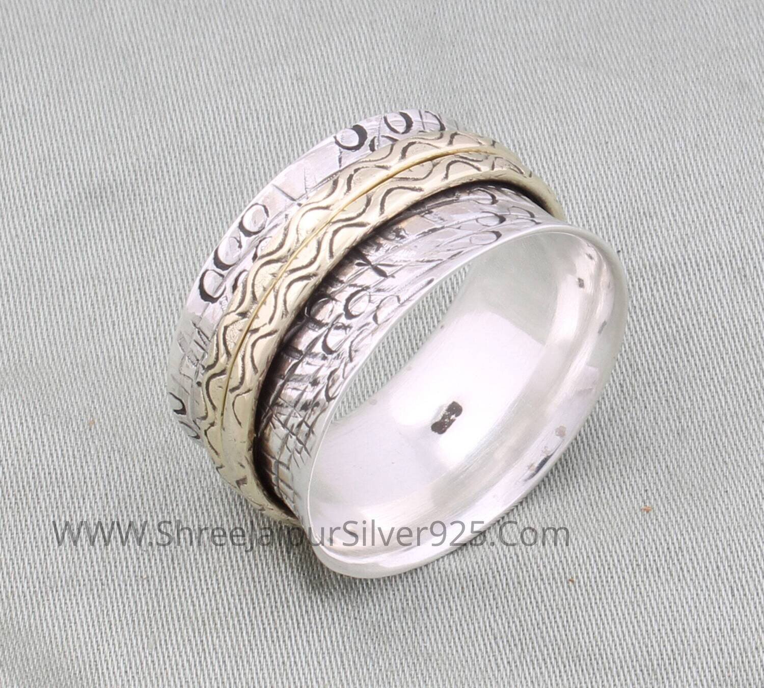 Engraved 925 Sterling Silver Designer Spinner Ring For Women, Handmade Two Tone Meditation Band Ring For Her, Silver Fidget Anxiety Ring