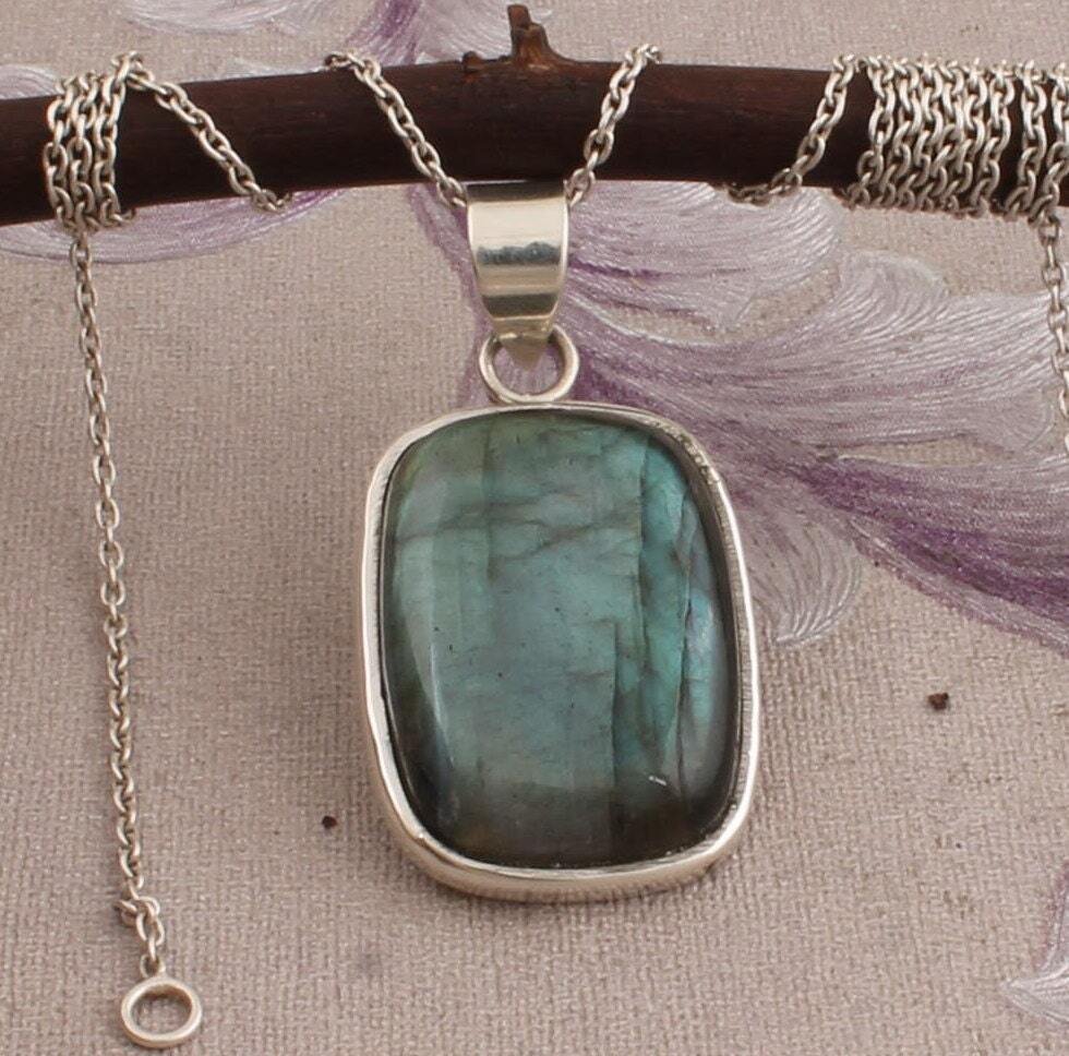 925 Sterling Silver Natural Labradorite Handmade Gemstone Pendant For Women Blue Fire Cushion 925 Silver Pendant Celtic Rustic Birthday Gift