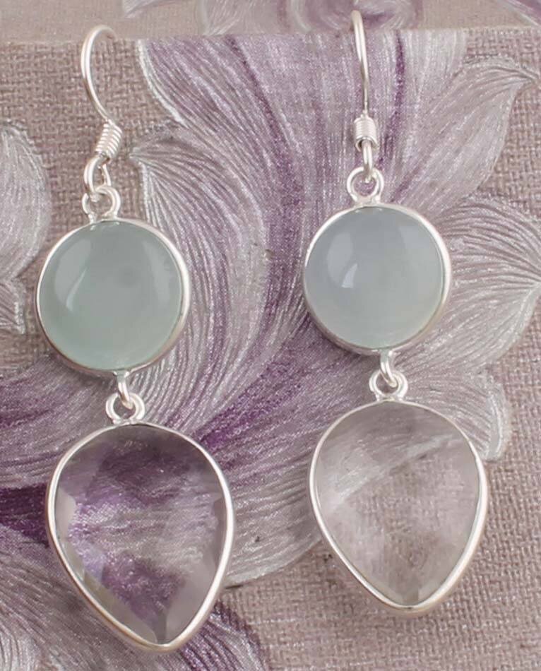 Combo Gemstone Earring Aqua Calci+Crystal Gemstone Earring 925-Sterling Silver Earring Big Size Two Stone Earring Gift For Her Earring