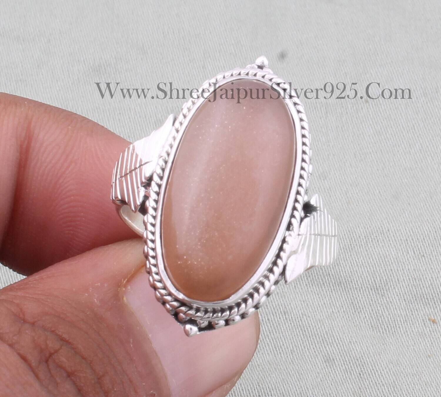 Natural Peach Moonstone Solid 925 Sterling Silver Ring For Women, Handmade Oval Gemstone Band Ring For Wedding Anniversary Gift For Women