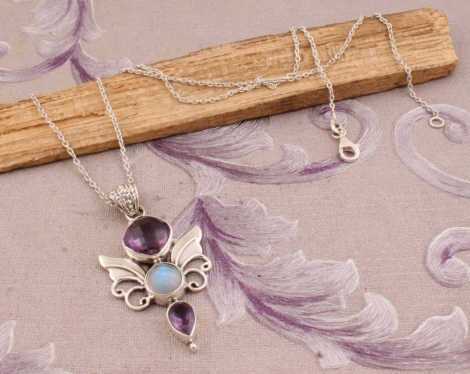 Combo Necklace Rainbow Moonstone+Amethyst Gemstone's Necklace,Three Stone Necklace 925-Sterling Silver Necklace,Wedding Necklace,Birthstone