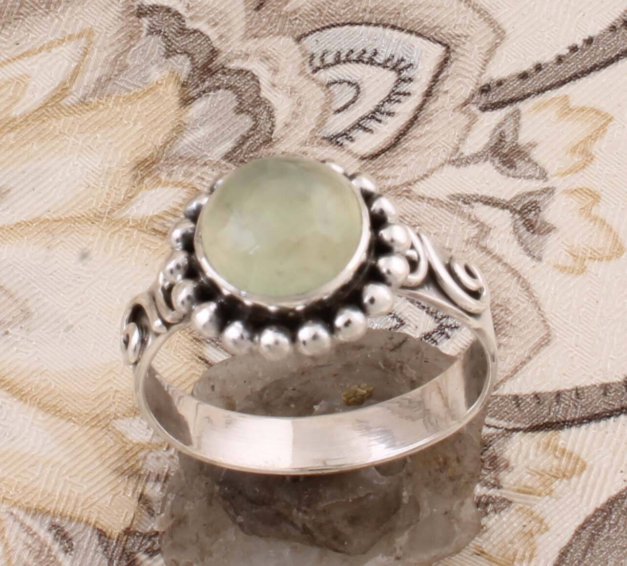 Natural Prehnite Ring, Solid 925 Sterling Silver Rings For Women, Green Round Cabochon Handmade Gemstone Jewelry, Engagement, Birthday Gifts