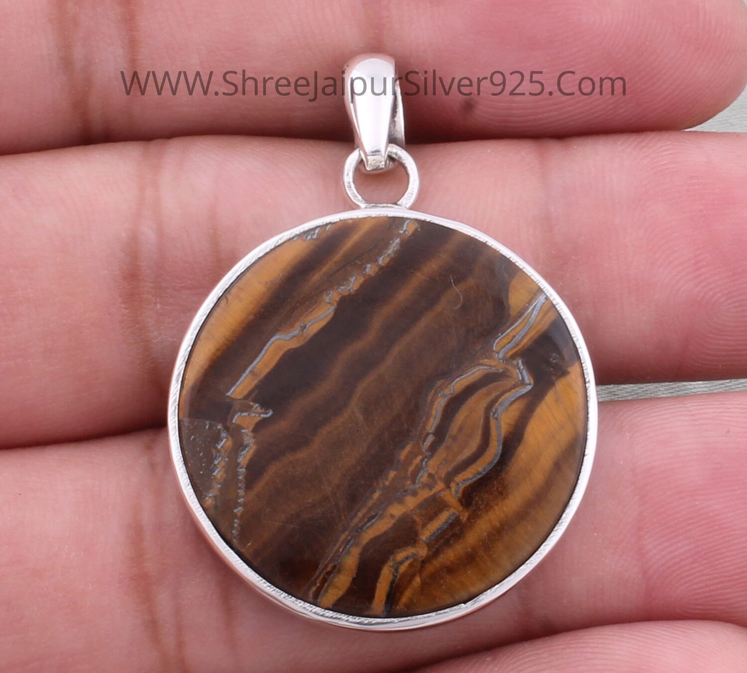 Tiger's Coin Eye Pendant Necklace, 925 Sterling Silver Tiger Eye Round Shape Pendant, Handmade Gemstone Pendant, Women Jewelry For Gift