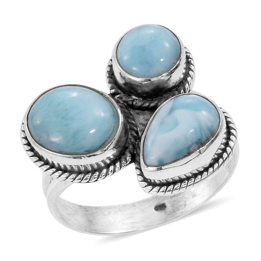 Natural Larimar AAA+ Quality Gemstone Ring 925-Silver Solid Ring Cabochon &amp; Top Rare Stone  AND Silver Sterling Ring HandmadeCyber2021