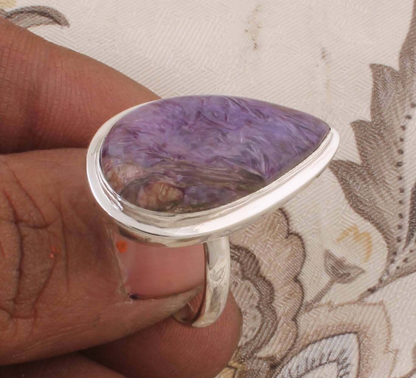 Amazing Charoite AAA+Quality Gemstone Ring Cabochon Pear Stone Boho Ring 925-Sterling Silver Ring,Engagement Ring,Middle Finger Ring