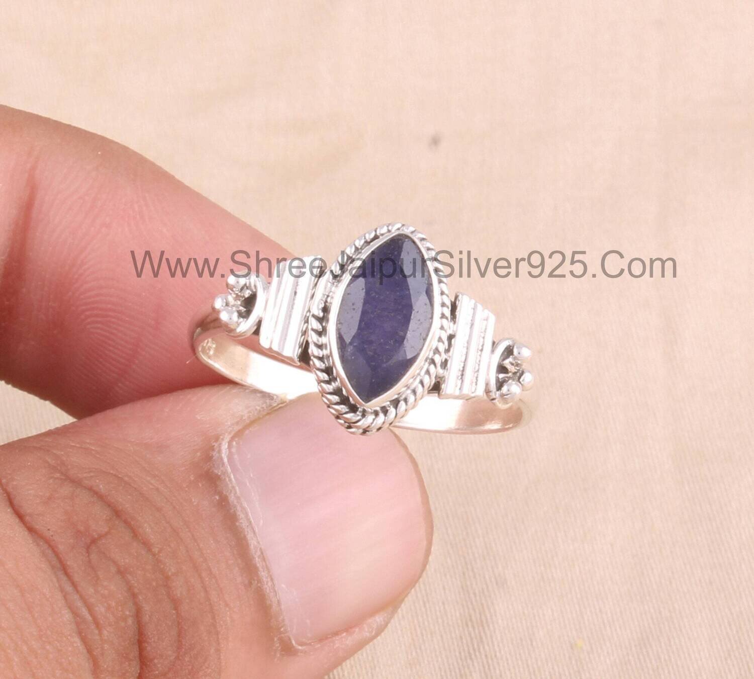 Simple Marquise Ring With Natural Blue Safayar Gemstone Handcrafted Ring Cut Stone Boho Ring 925-Silver Sterling Ring Middle Finger Ring