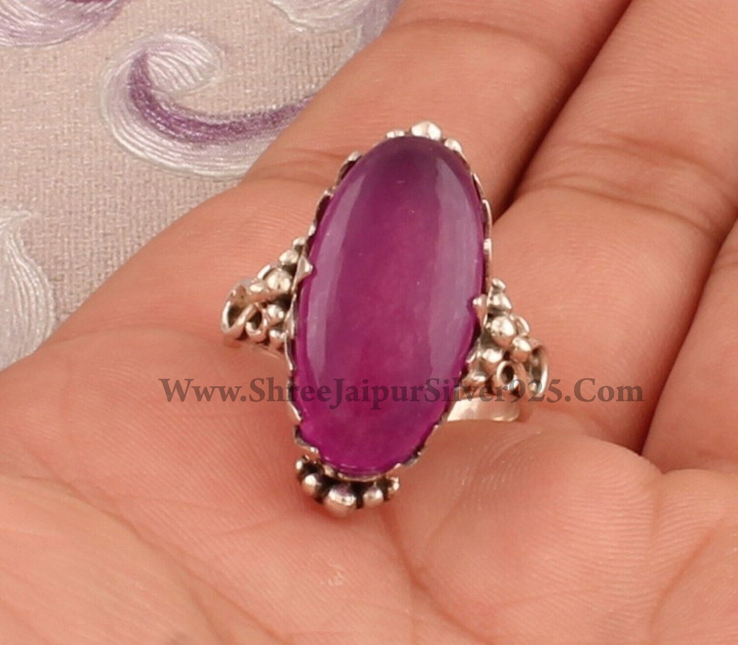 925 Sterling Silver Rings For Women Natural Purple Jade Ring Oval Cabochon Handmade Gemstone Jewelry Engagement Vintage Dainty Birthday Gift