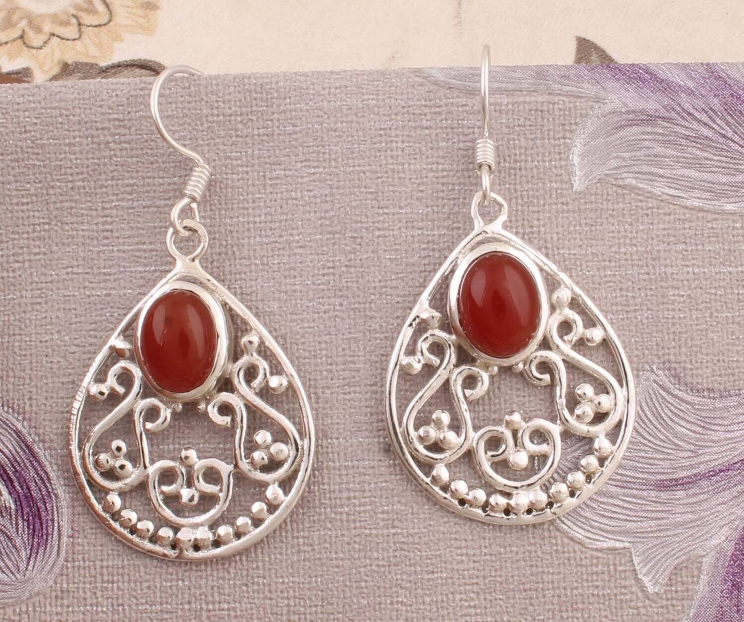 Natural Amazing Red Onyx AAA+Quality Gemstone Earring Cabochon Stone Boho Earring 925-Antique Silver Earring,Wedding Earring Gift For Her
