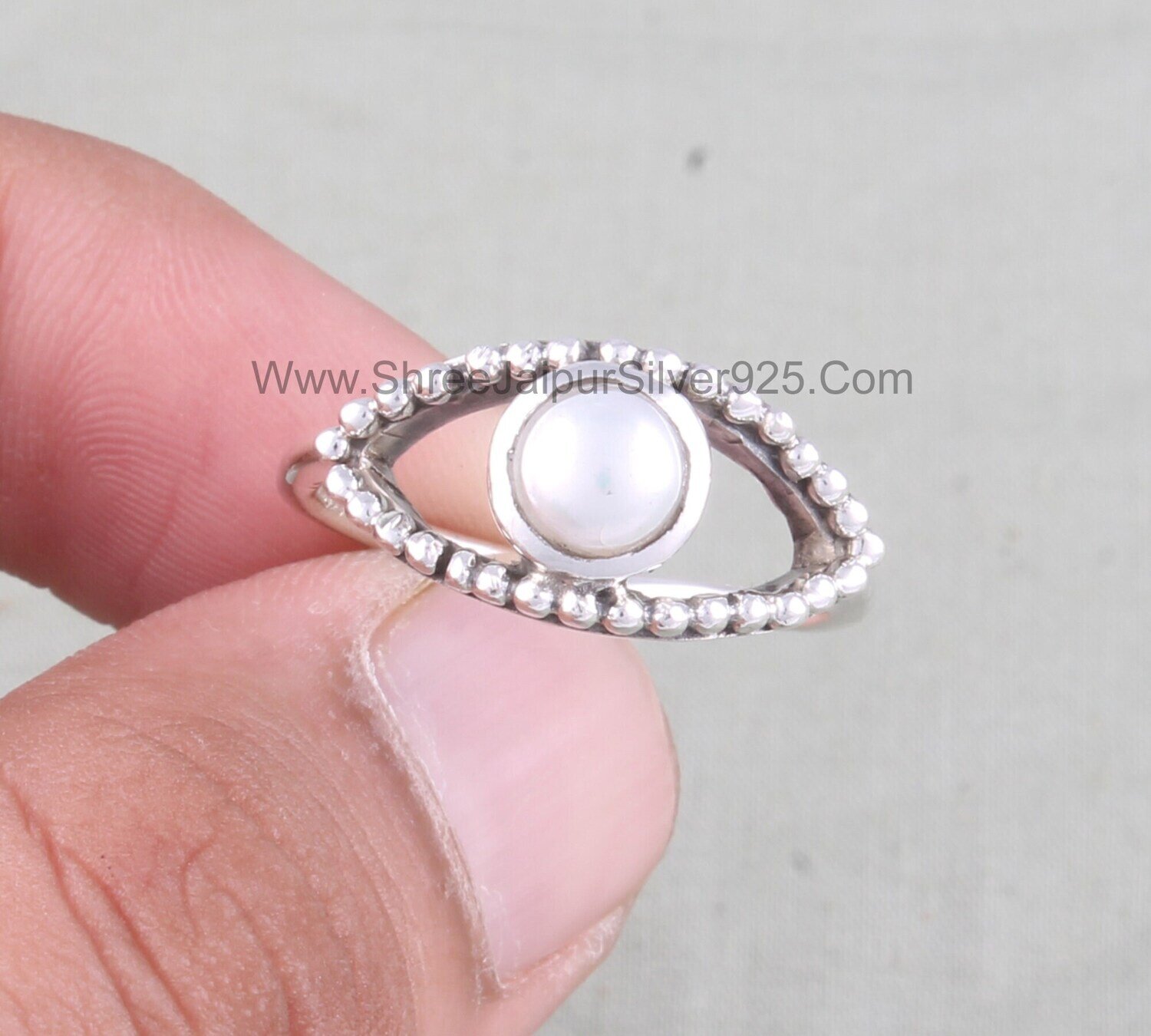 925 Sterling Silver Evil Eye Ring, Natural Pearl Ring, Evil Eye Pearl Ring, Round Smooth Gemstone Ring, Designer Handmade Jewelry Gift Idea