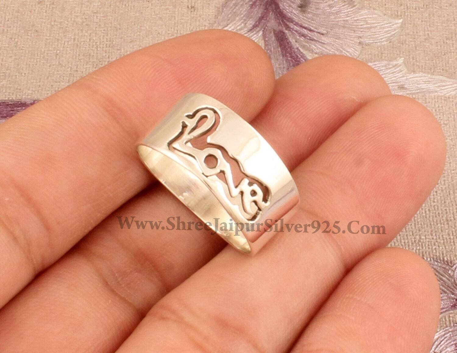Hand Carved Love Letter Solid 925 Sterling Silver Band Ring For Women Handmade Boho Silver Band Ring For Wedding Anniversary Gift For Friend