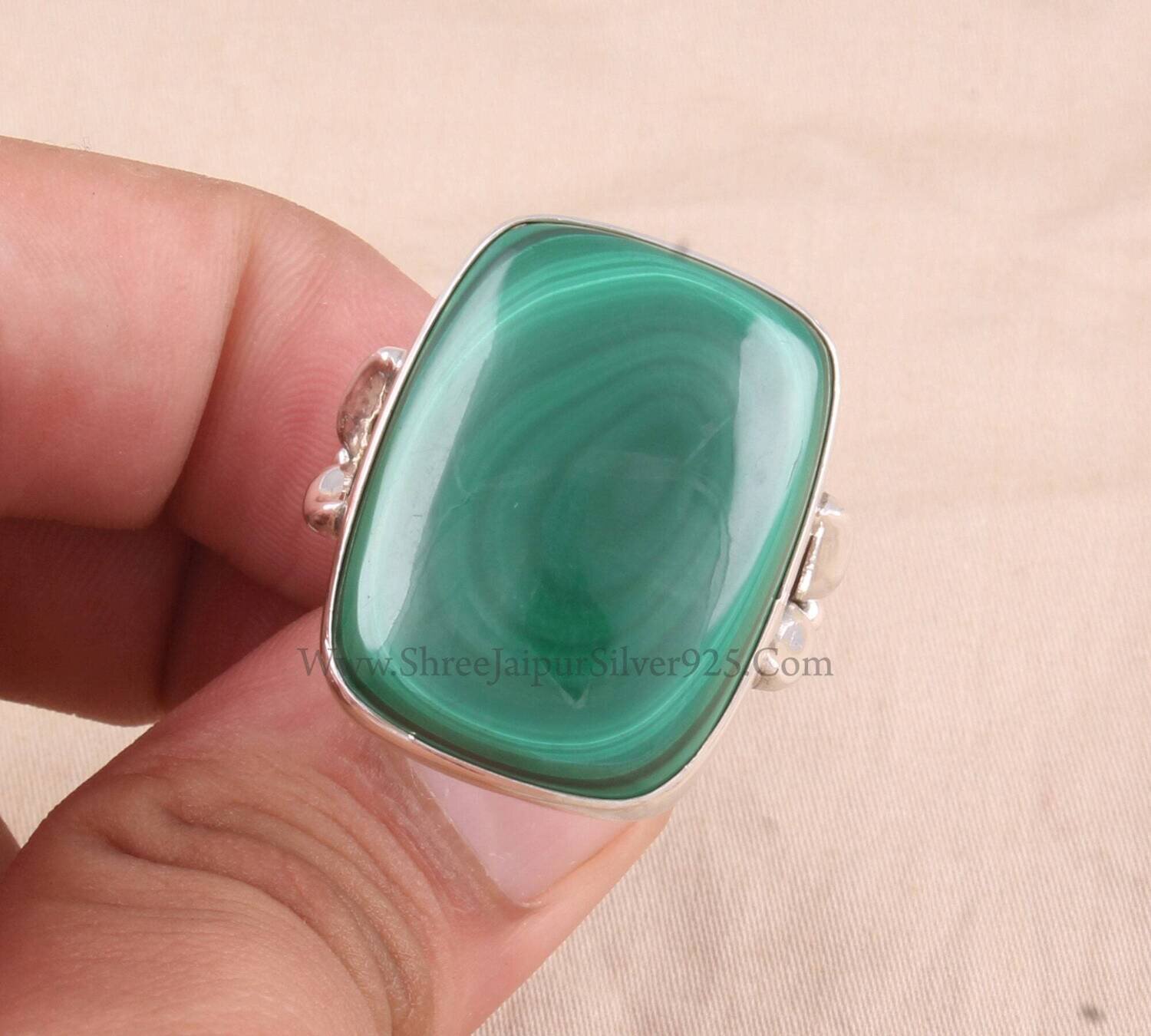 Natural Malachite Elongated Cushion Gemstone Ring, 925 Sterling Silver Ring Designer Handmade Big Stone Silver Ring Foe Women Jewelry Gift