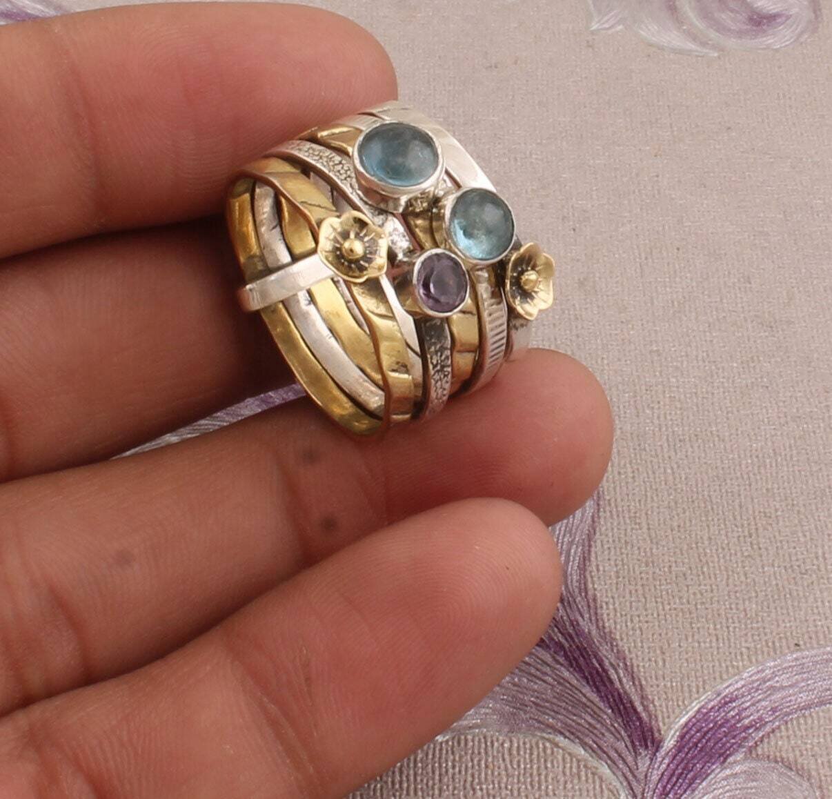925 Sterling Silver Ring For Women Aqua Amethyst Spinner Ring Blue Purple Round Handmade Gemstone Thumb Fidget Anxiety Ring Gift For Sisters