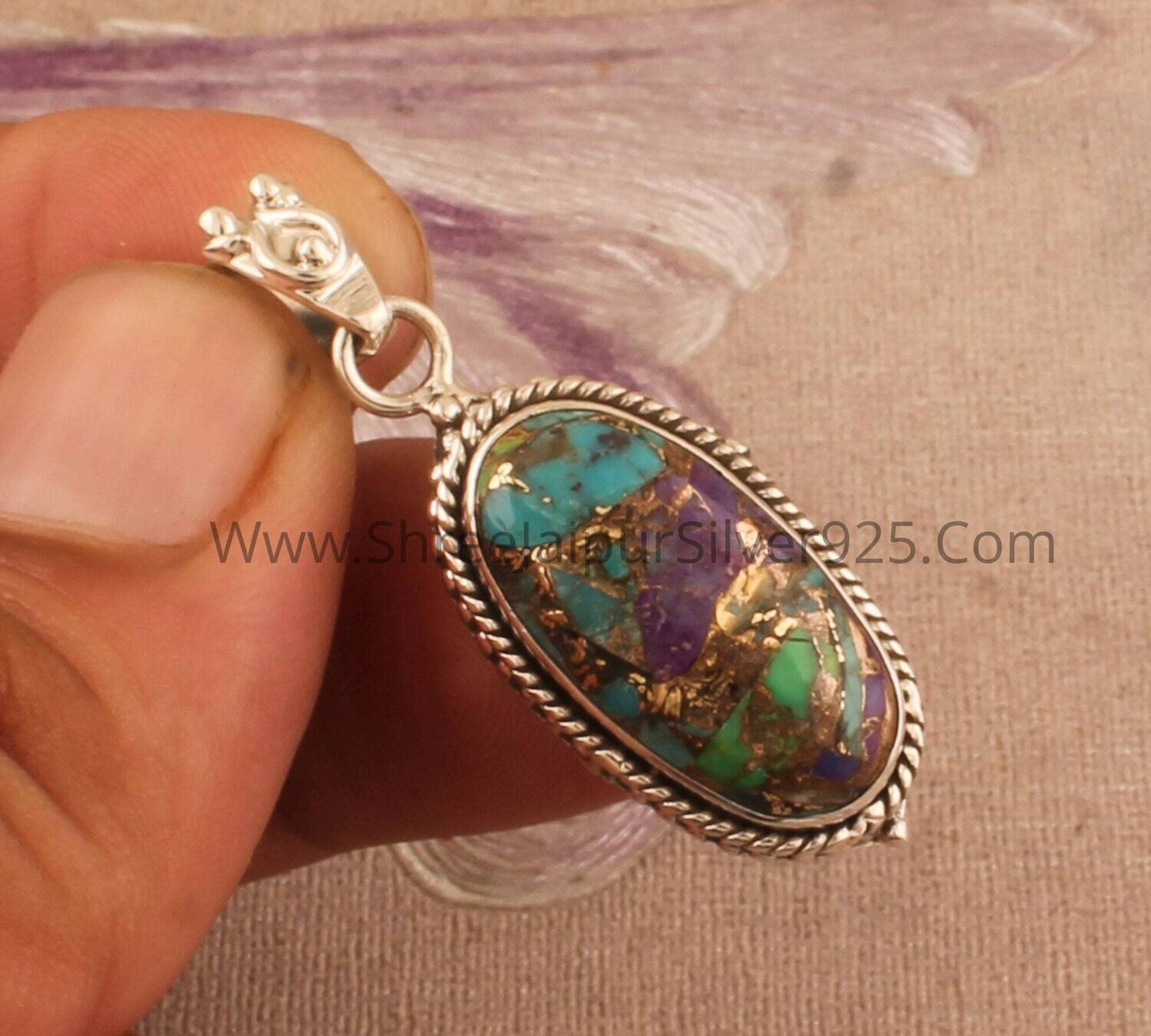 Mix Copper Gemstone Silver Pendant, Solid 925 Sterling Silver Necklace Pendant For Women, Oval Shape Gemstone Wedding Jewelry Gift For Her