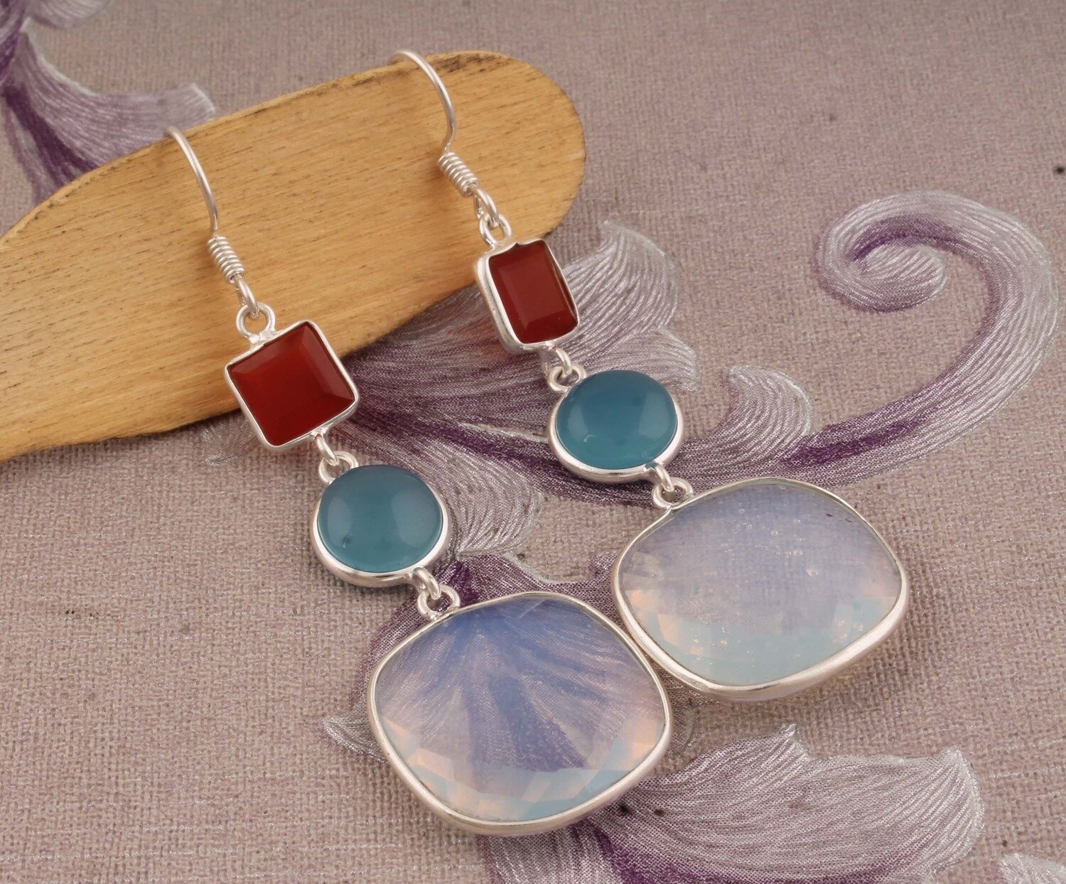 Combo Gemstone Earring Red Onyx+Blue Jade+Moonstone Gemstone Earring 925-Sterling Silver Earring Big Size Three Stone Earring Long Earring