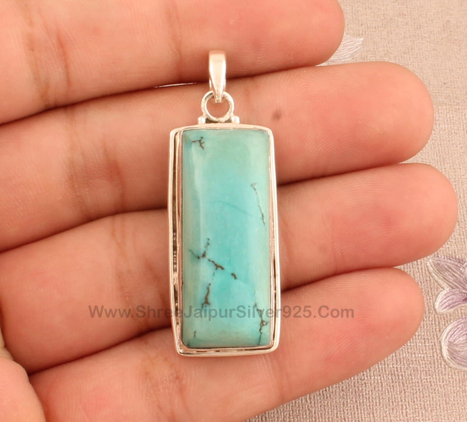 925 Sterling Silver Tibetan Turquoise Necklace Pendant, Turquoise Pendant, Boho Turquoise Rectangle Gemstone Silver Pendant, Girls Gift Idea
