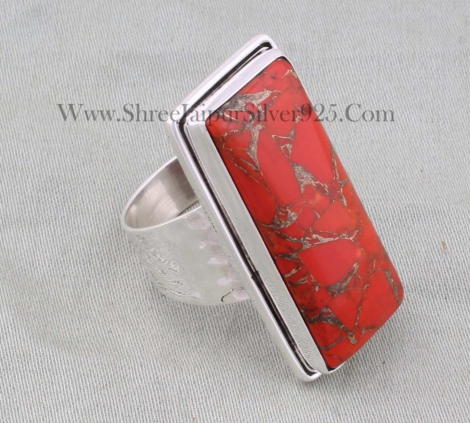 Red Copper Turquoise Solid 925 Sterling Silver Ring, Handmade Hammered Bar Band Ring Gifts For Her Birthday Wedding AnniversaryBirthstone