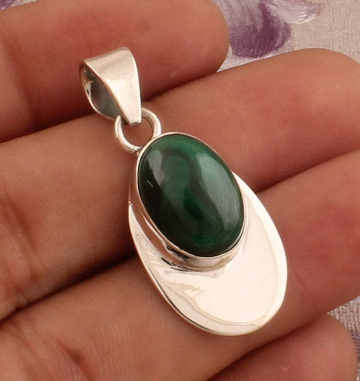 Natural Malachite Oval Gemstone Solid 925 Sterling Silver Necklace Pendant For Women, Handmade Solid Silver Pendant For Wedding Gift For Her