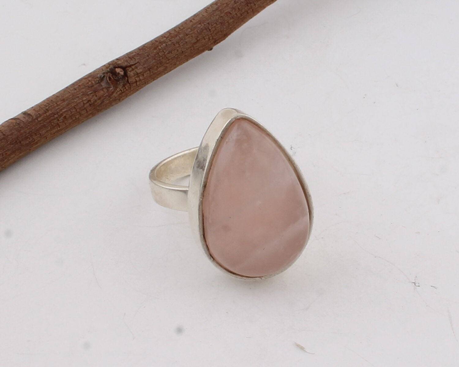 Handmade Ring Silver,Solid Ring 925-Silver Sterling Ring Natural Rose Quartz Gemstone Ring (Middle Finger Ring ) Pear Shape RingCyber2021
