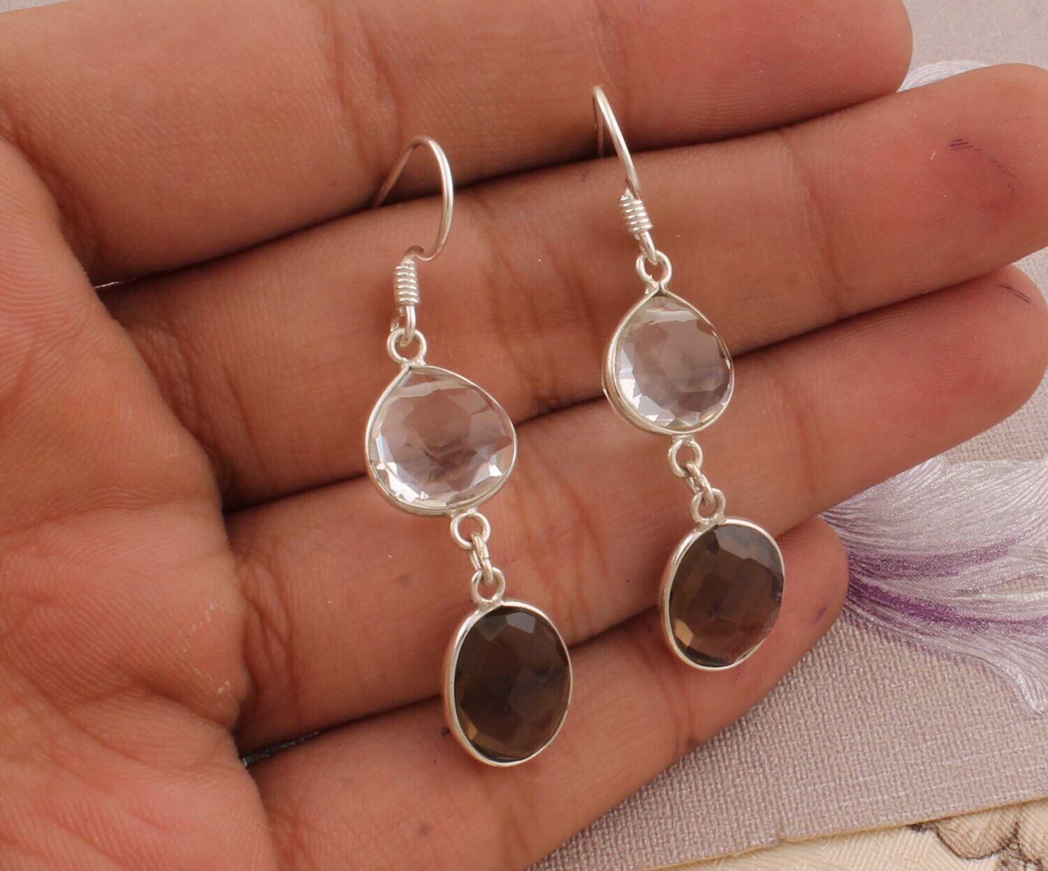 Combo Gemstone Earring Smokey+Crystal Gemstone Earring 925-Sterling Silver Earring Big Size Earring Gift For Her EarringCyber2021Birthstone