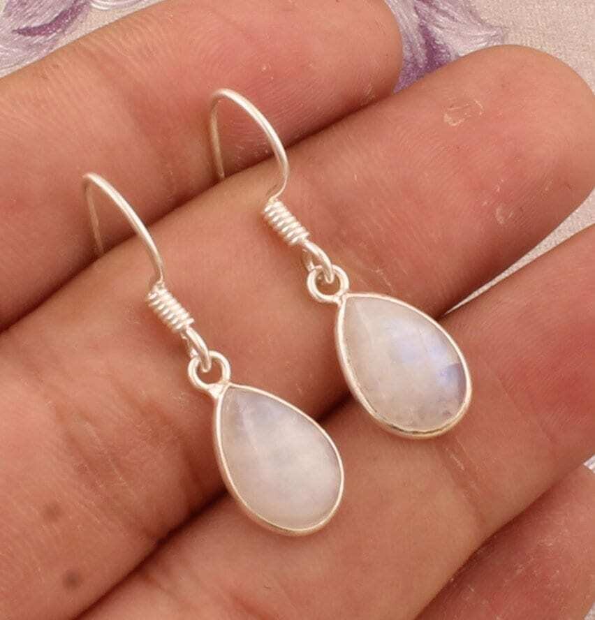 925 sterling Silver Rainbow Moonstone Pear Shape Gemstone Earring, Cabochon Stone Earrings, Handcrafted Gemstone Earrings, Christmas Gift