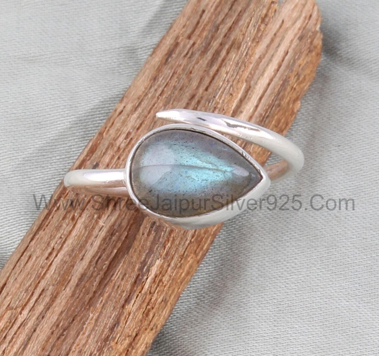Adjustable Silver Pear Gemstone Ring For Women, 925 Sterling Silver Labradorite Stone Ring, Designer Handmade Gemstone Ring Anniversary Gift