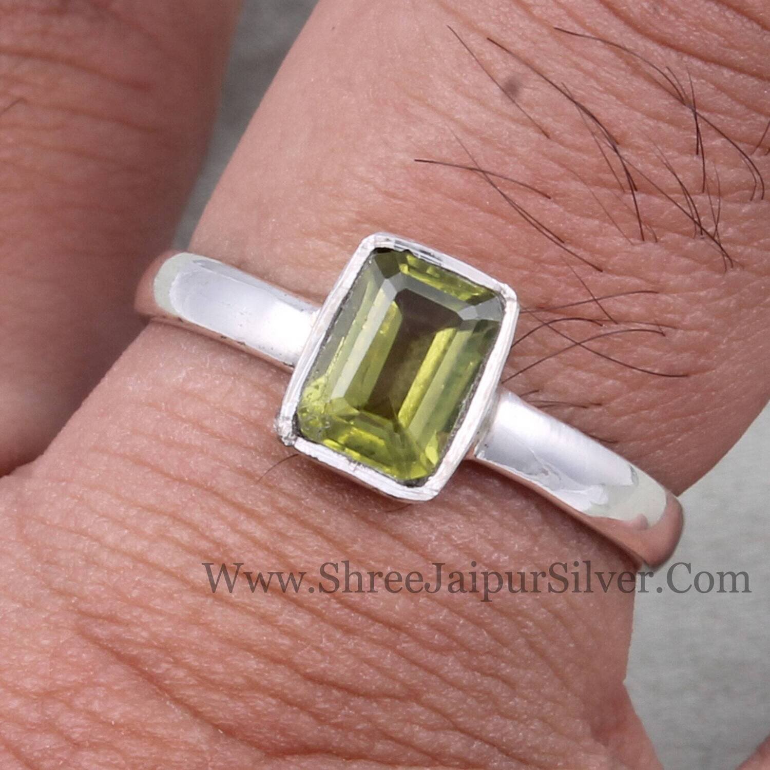 Natural Peridot Baguette Cut Stone Solid 925 Sterling Silver Ring For Women, Handmade Solid Silver Ring For Wedding Anniversary Gifts Idea
