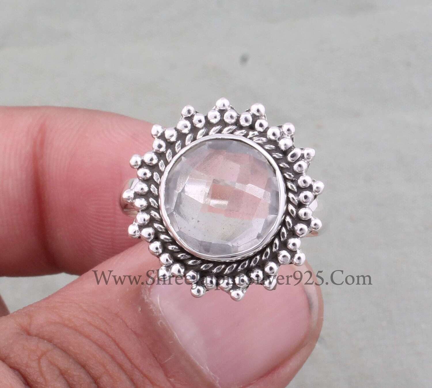 Natural Crystal Quartz Solid 925 Sterling Silver Ring For Women, Handmade Round Faceted Gemstone Silver Flower Ring Gift For Her Anniversary