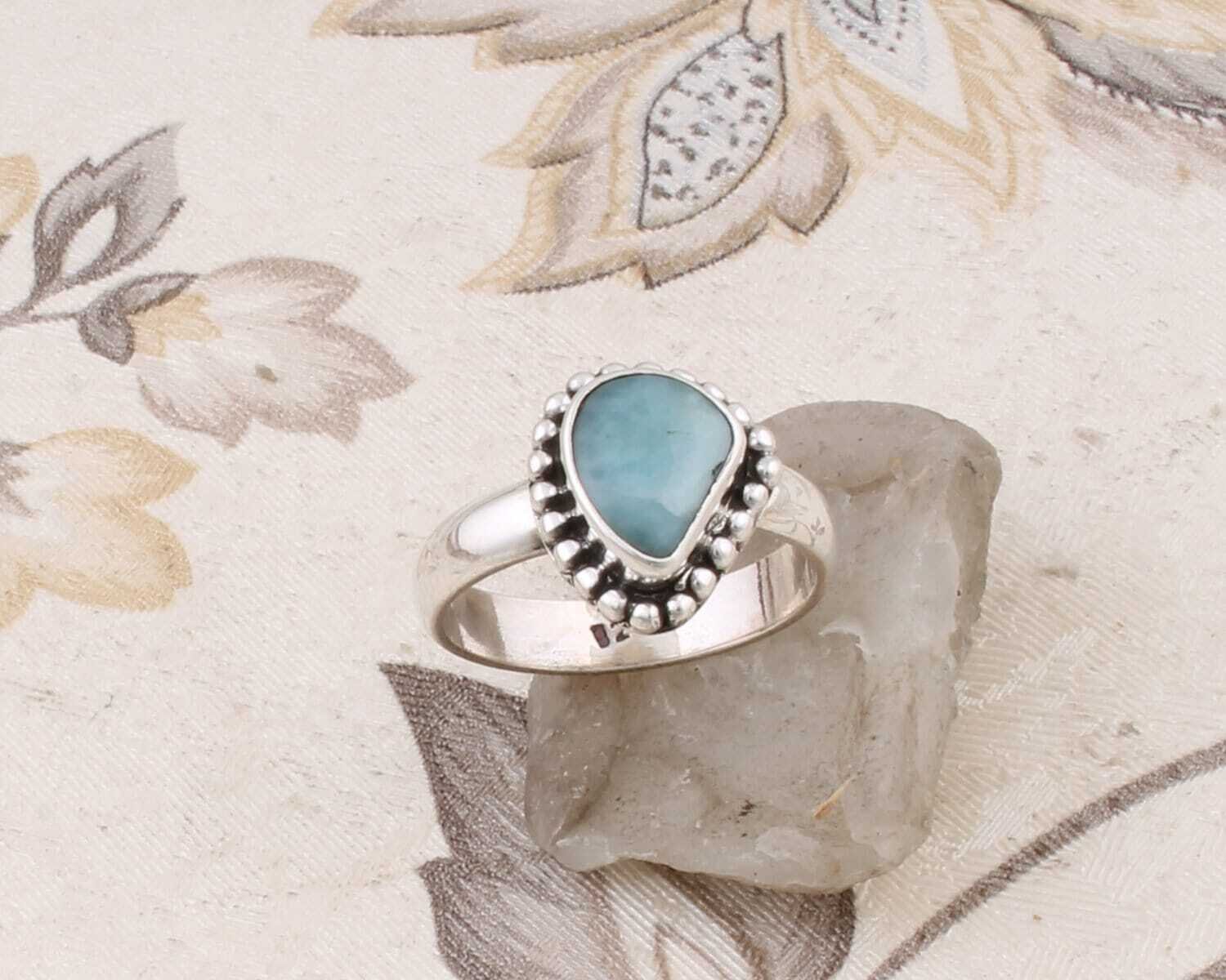 Handcrafted Ring With Natural Larimar Gemstone Ring Cabochon Stone Boho Ring Solid 925- Sterling Silver Ring,Girls Middle Finger Ring