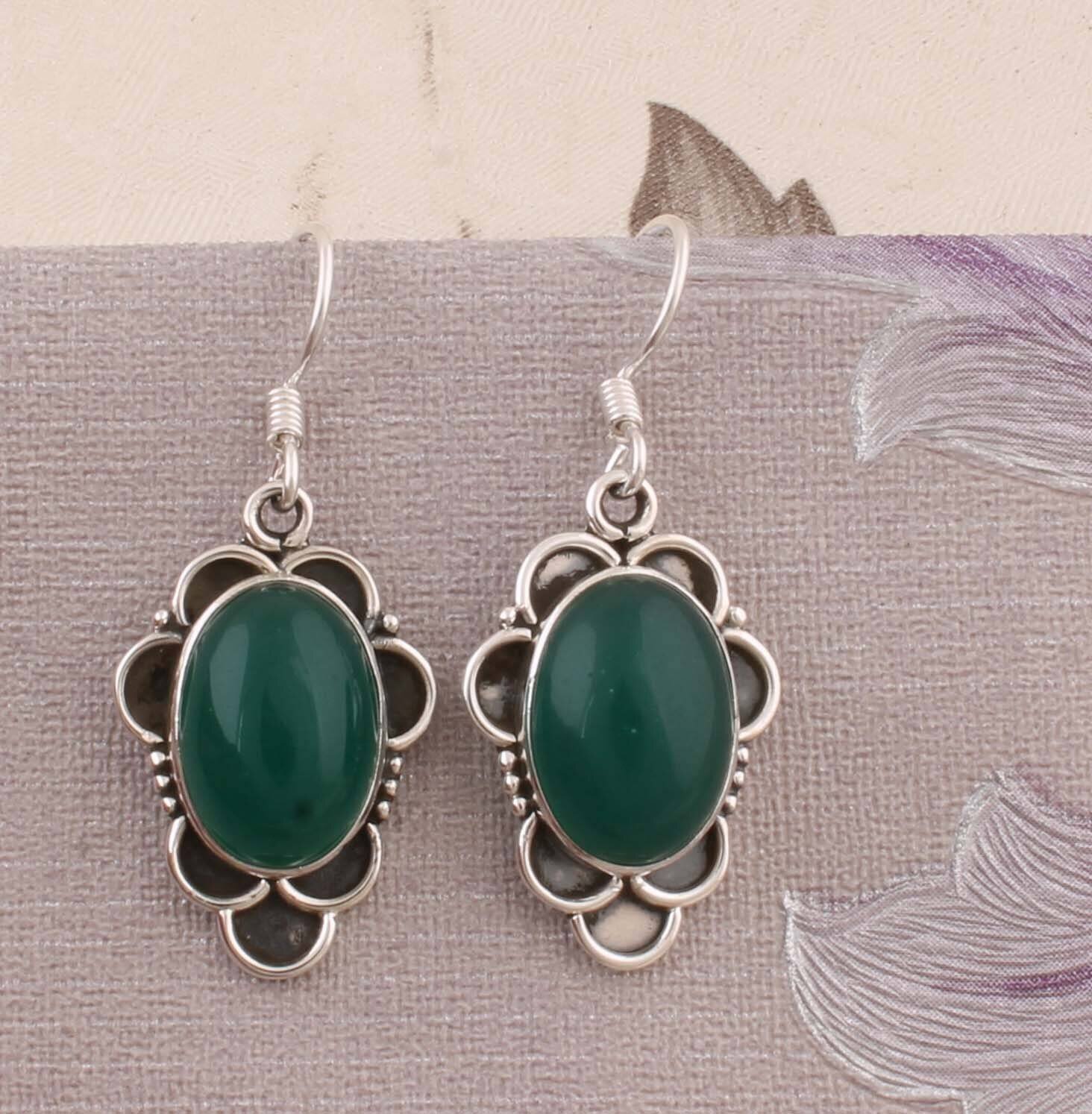 Natural Amazing Green Jade AAA+Quality Gemstone Earring Cabochon Stone Boho Earring 925-Antique Silver Earring,Wedding Earring Gift For Her
