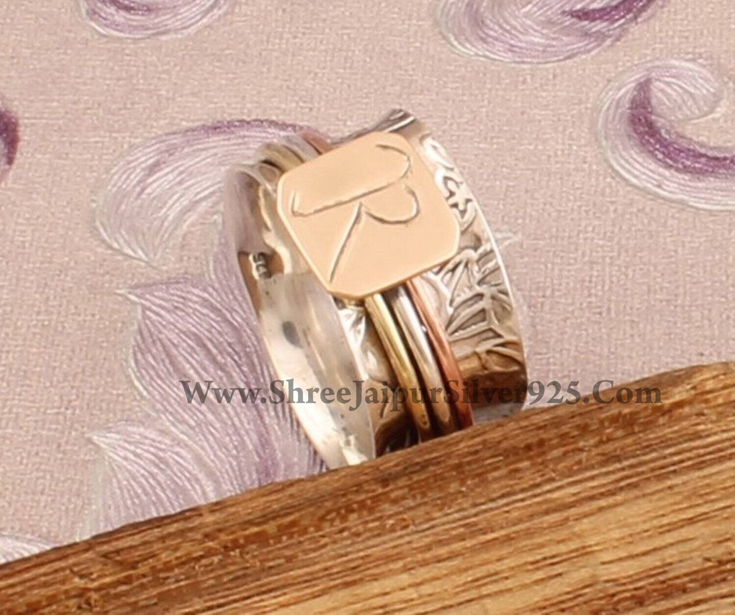 Custom Letter Spinner Ring, Solid 925 Sterling Silver Initial Ring, Initial Letter Ring, Personalized Name Letter Ring Custom Gift For Women