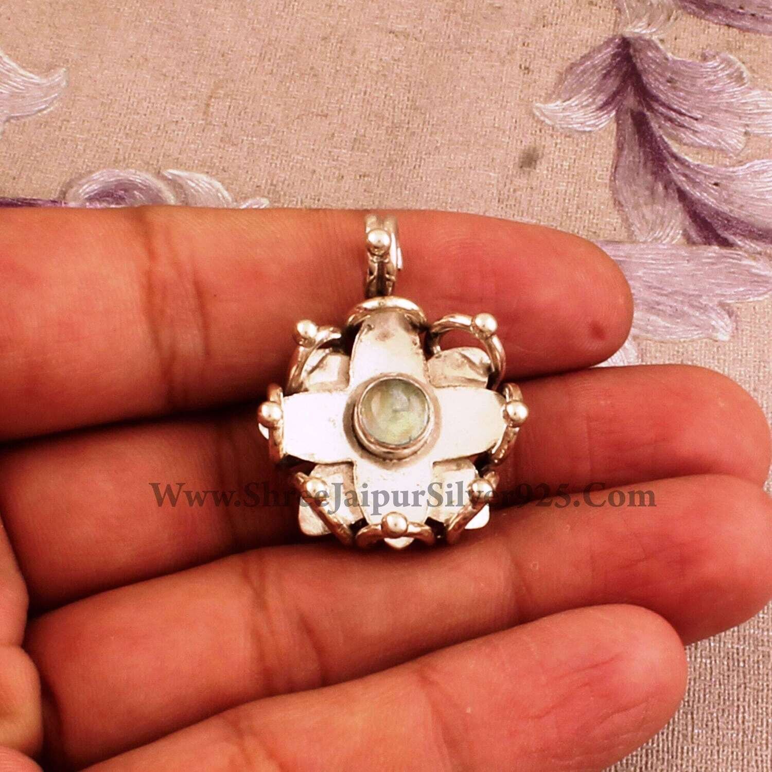Prehnite Round Stone Solid 925 Sterling Silver Necklace Pendant For Women, Handmade Boho Solid Silver Flower Pendant For Wedding Anniversary