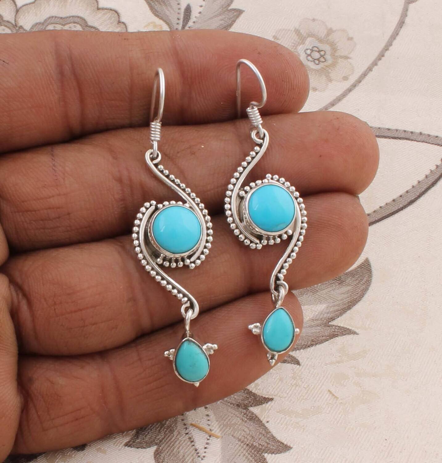 Sleeping Beauty Turquoise Gemstone Earring,Leaf Earring 925-Antique Silver Earring,Sterling Silver Earring Anniversary Gift EarringCyber2021
