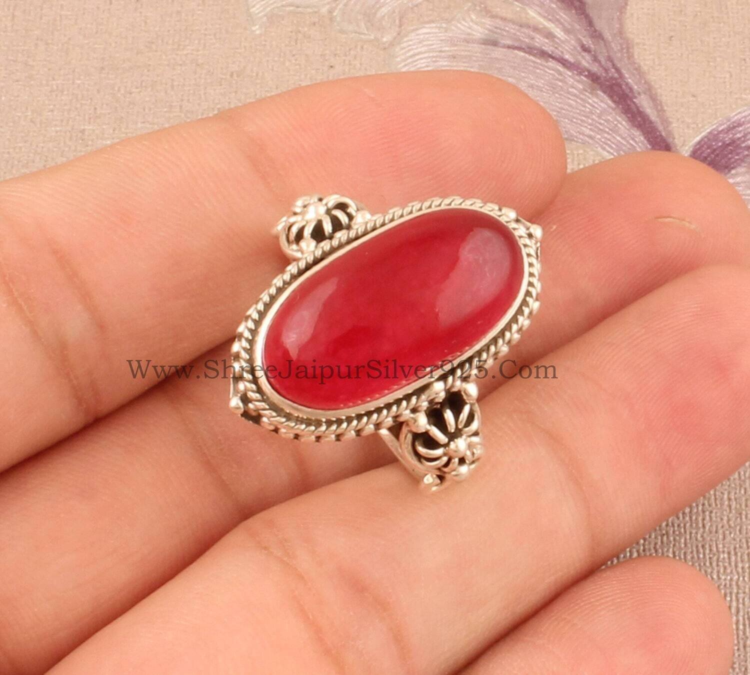 925 Sterling Silver Rings For Women Natural Ruby Jade Ring Oval Handmade Silver Gemstone Jewelry Engagement Vintage Dainty Valentine's Day