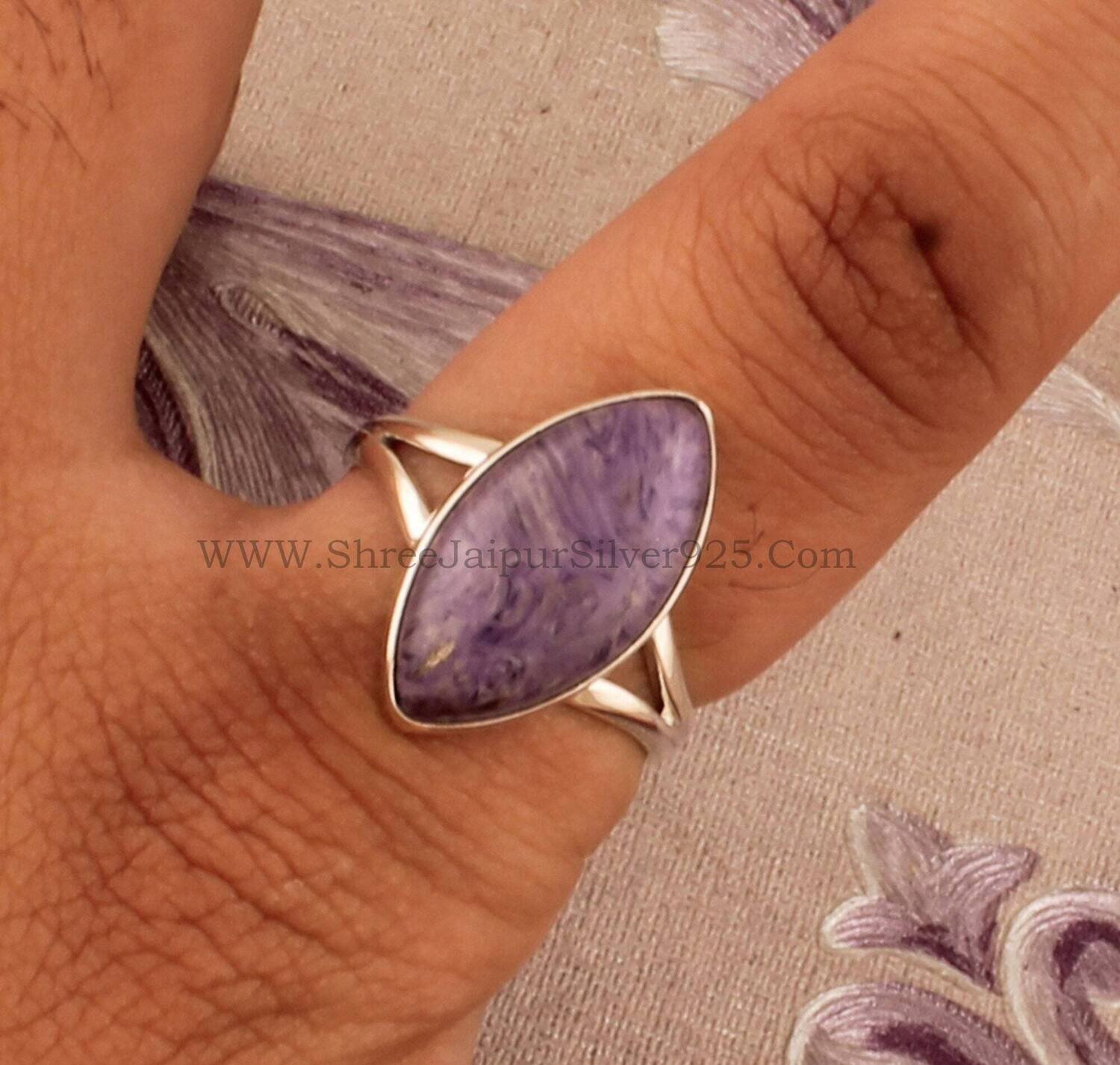 Charoite Gemstone Solid 925 Sterling Silver Ring For Women, Handmade Marquise Stone Designer Band Ring For Wedding Anniversary Gift For Her