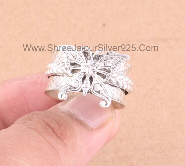 Butterfly Engraved Carved Silver Spinner Ring, 925 Sterling Silver Designer Handmade Boho Meditation Ring, Christmas Gift Jewelry For Women