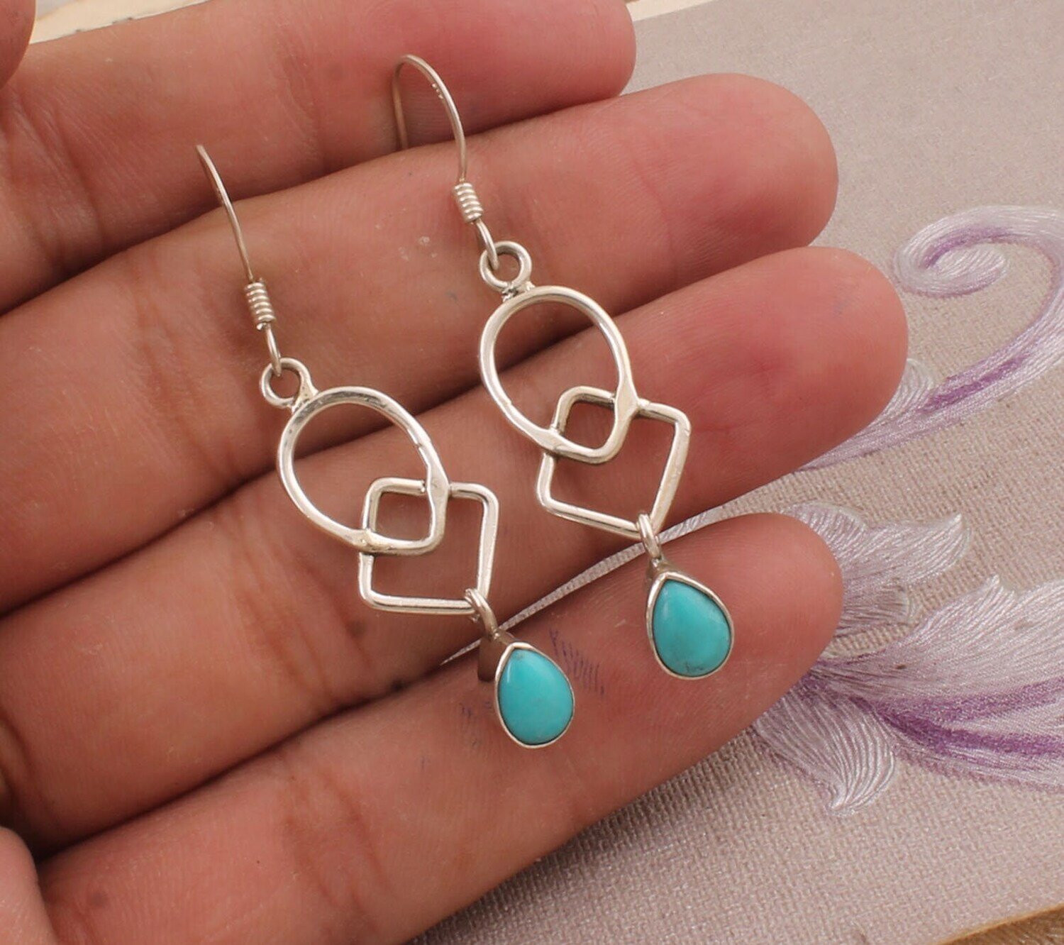 Sleeping Beauty Turquoise Gemstone Earring, Cabochon Stone Earring 925-Sterling Silver Earring,Wedding Girls Earring, Antique Silver Earring