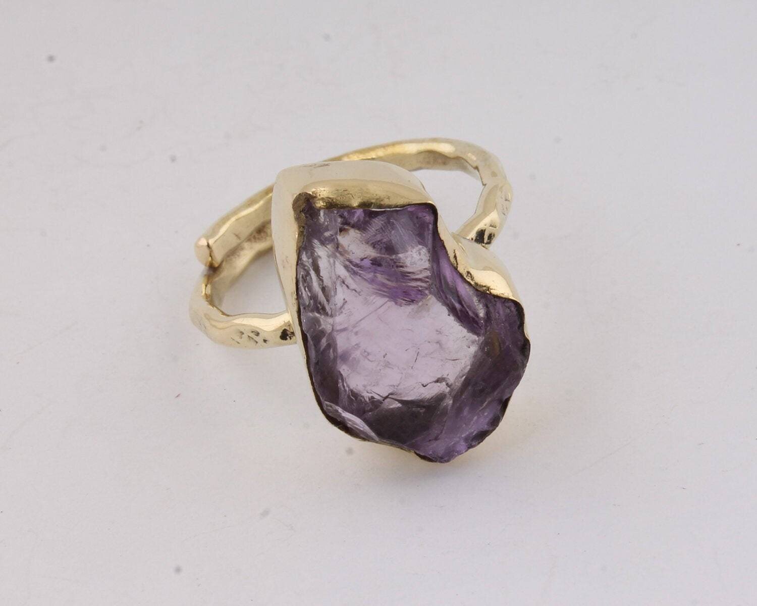Handmade Brass Ring - Gold Vermeil Ring - Amethyst gemstone Ring - Gold Bezel Ring - Raw Stone Ring - Adjustable Ring - Stackable Ring