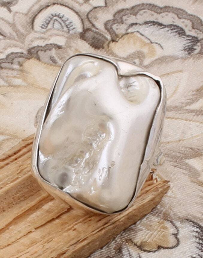 Beautiful Pearl Raw Top Quality Gemstone Ring 925-Sterling Silver Ring,Middle Finger Ring,Antique Silver Ring Gift Item RingCyber2021
